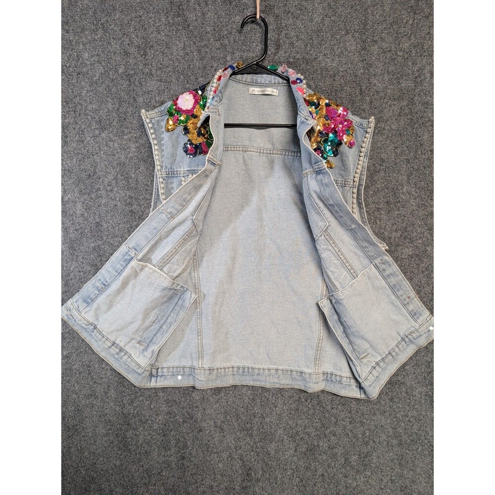 Handmade Denim Vest Pearl Embellished Sequin Floral Boho Festival Western - Picture 7 of 10